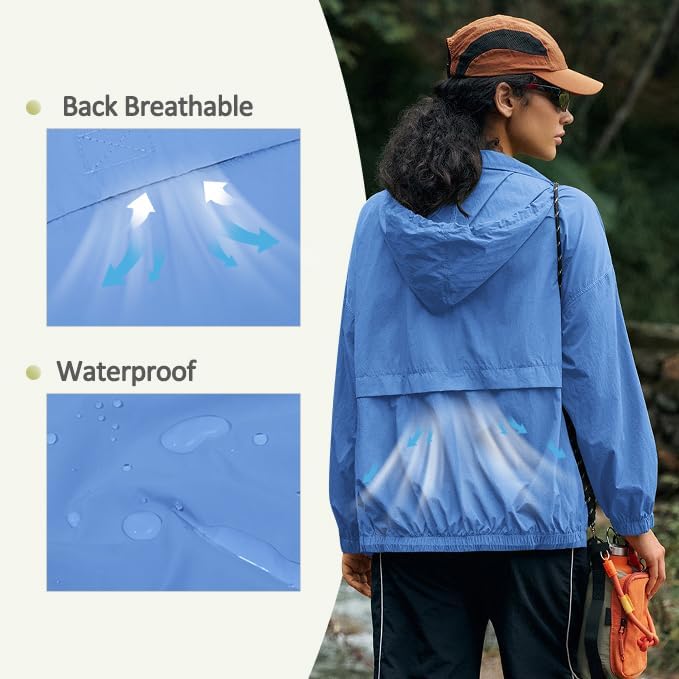 Yousify Womens Waterproof Rain Jackets Lightweight Zip Up Raincoat Outdoor Hiking Hooded Windbreaker with Pocket