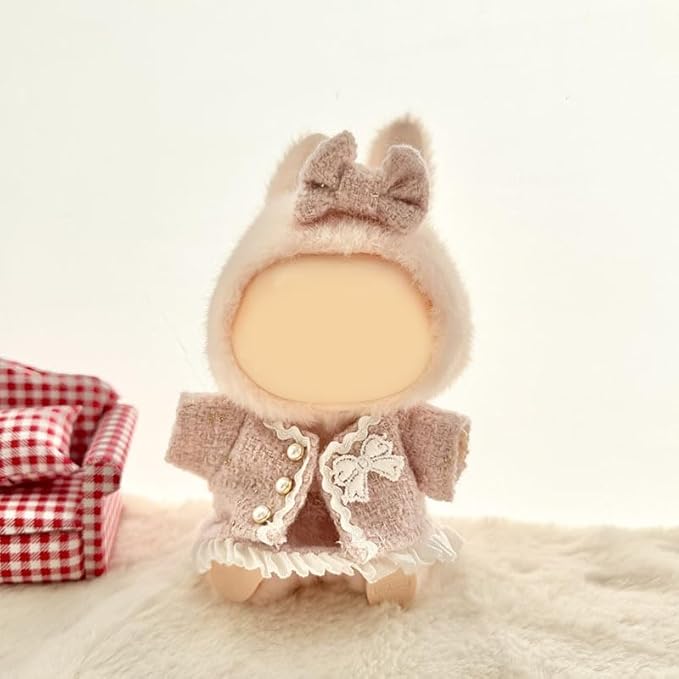 [3 in 1] 17cm Doll Clothes(NO Doll), Cute Dolls Outfit Accessories Luxury Style with Pink Tweed Fabric Pearl Buttons & Dress Small Kawaii Clothes Set for Dolls (Style 9)