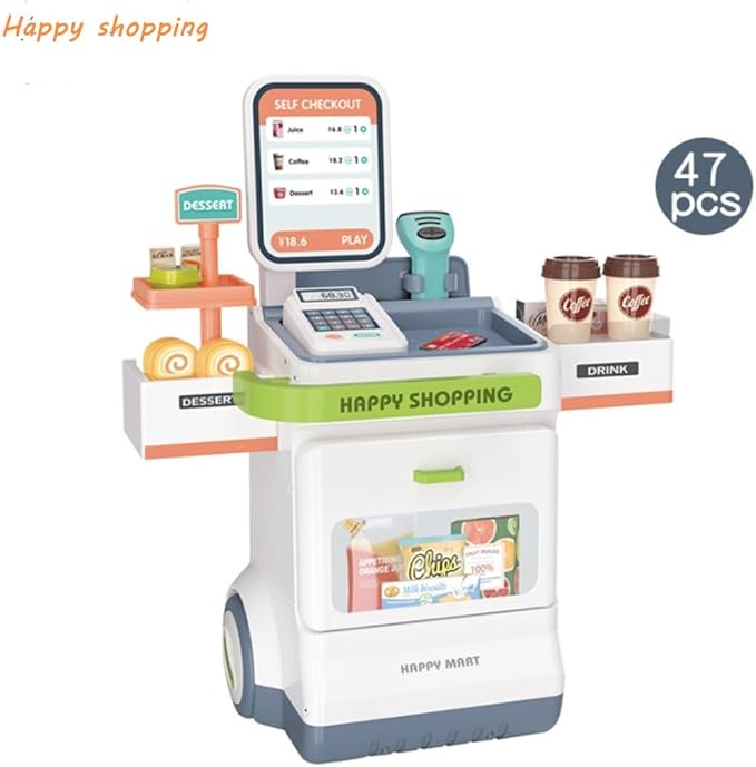 Serena&Jewel 47-Piece Pretend Play Cash Register Toy with Calculator, Shopping Bag, Scanners, Credit Cards, Grocery Game Food Set, and Mobile Cart - Preschool Gifts for Toddlers, Boys, and Girls