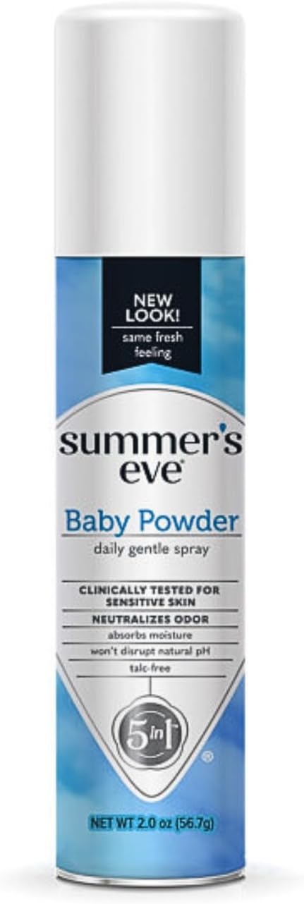 Summer’s Eve Baby Powder Feminine Freshening Spray, Daily Gentle Intimate Deodorant, Neutralizes Odor, pH Balanced, Talc Free, Sensitive Skin, 2 Ounce (Pack of 1)