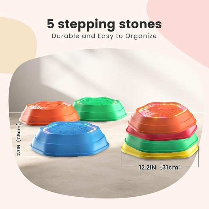 Holyton Upgraded Music Light-Up Stepping Stones for Kids, 5-Pack Sensory Balance Toys with Batteries, Non-Slip Design, for Ages 3–8, Ideal for Sensory Training, Indoor & Outdoor Play, Great Gift Idea