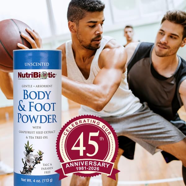 NutriBiotic – Body & Foot Powder, Unscented, 4 Oz | with Grapefruit Seed Extract & Tea Tree Oil | Vegan & Non-GMO | Talc, Paraben & Gluten Free | Gentle & Absorbent