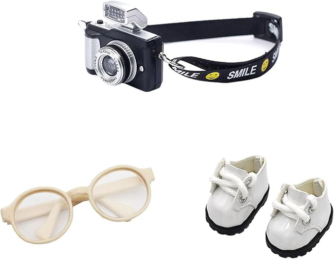 3pcs Doll Accessories Set Included Mini Glasses, Camera and Shoes for 17cm Doll, Dress Up Accessories Mini Costume Supplies for for 6.7 Inches Dolls (Set of White)