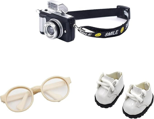 3pcs Doll Accessories Set Included Mini Glasses, Camera and Shoes for 17cm Doll, Dress Up Accessories Mini Costume Supplies for for 6.7 Inches Dolls (Set of White)