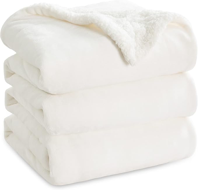 Bedsure GentleSoft Sherpa Fleece Blanket Queen Size for Bed, Non-Heated, Thick and Warm Throw for Women and Men, Soft Fuzzy Plush Queen Blanket for Winter, White, 90x90 Inches