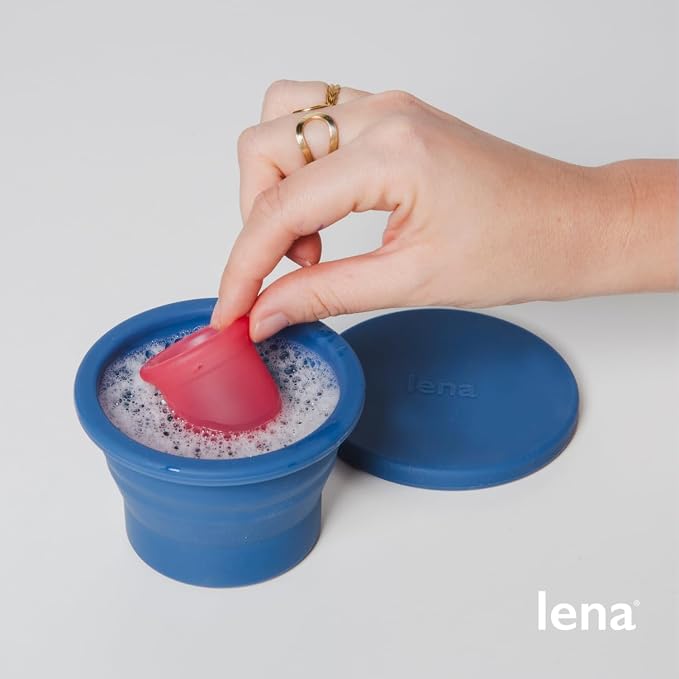 Lena Menstrual Cup Cleaner Case & Period Disc Sanitizer, Home and Travel Size Feminine Wash, Period Essentials for Women, Microwavable, Compact & Collapsible Silicone Container, Dark Blue