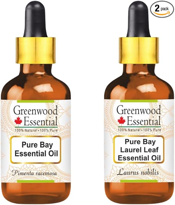 Greenwood Essential Bay Essential Oil (Pimenta racemosa) with Glass Dropper | Pure | Non-Sticky | Non-Greasy | Lightweight | Men & Women | All Skin Types | Steam Distilled 30ml X 2 (2 oz)