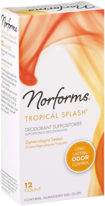 Norforms Feminine Deodorant Suppositories | Long Lasting Odor Control | Tropical Splash | 12 Count | Pack of 3 | Gentle pH-Balanced Formula, for Vaginal Odor Control, Gynecologist Tested, 12 Individually Wrapped Suppositories