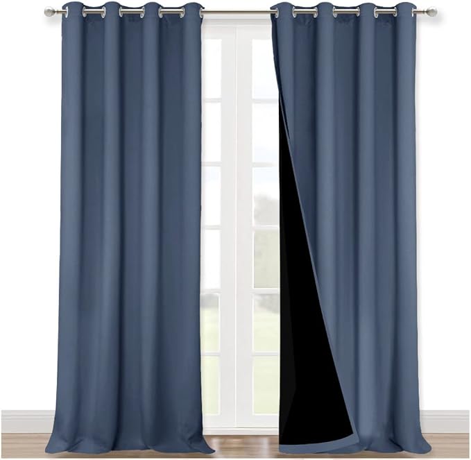 NICETOWN Full Shading Curtains 90 inches Long 2 Panels Set for Windows, Super Heavy-Duty Black Lined Blackout Curtains for Bedroom, Privacy Assured Window Treatment (Stone Blue, 52 inches W)