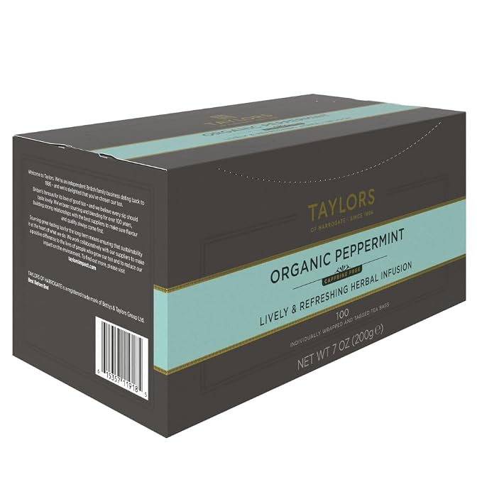 Taylors of Harrogate Organic Peppermint, Herbal Tea, Individually Wrapped Bags, 100 Count (Pack of 1), Clean, Pure and Refreshing, Caffeine-Free, Enjoy Hot or Iced, 100 Teabags