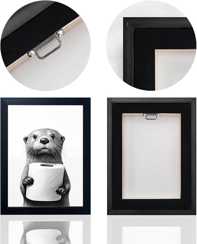 Bathroom Picture Wall Decor, Framed Black and White Bathroom Wall Art, Toilet Paper in Little Funny Raccoon's Hand Animal Canvas Print Painting