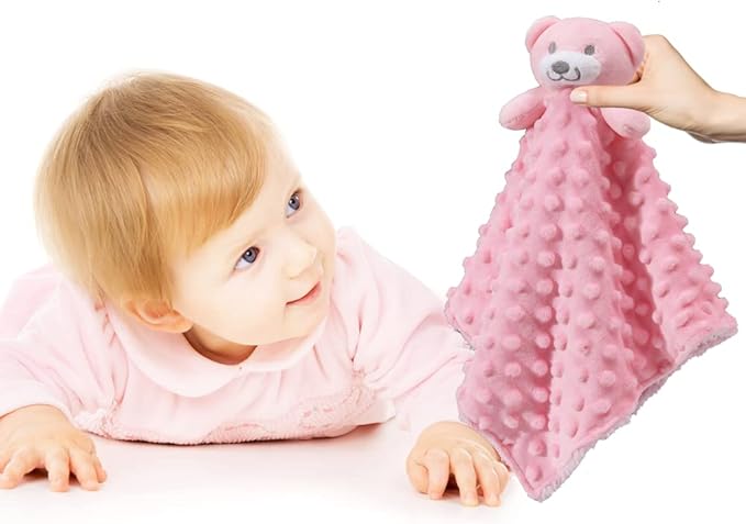 CREVENT Baby Comforting Security Blanket Lovey for Newborn Baby Girls Infants, Minky Dot Front + Sherpa Backing with Animal Face (Pink Bear)