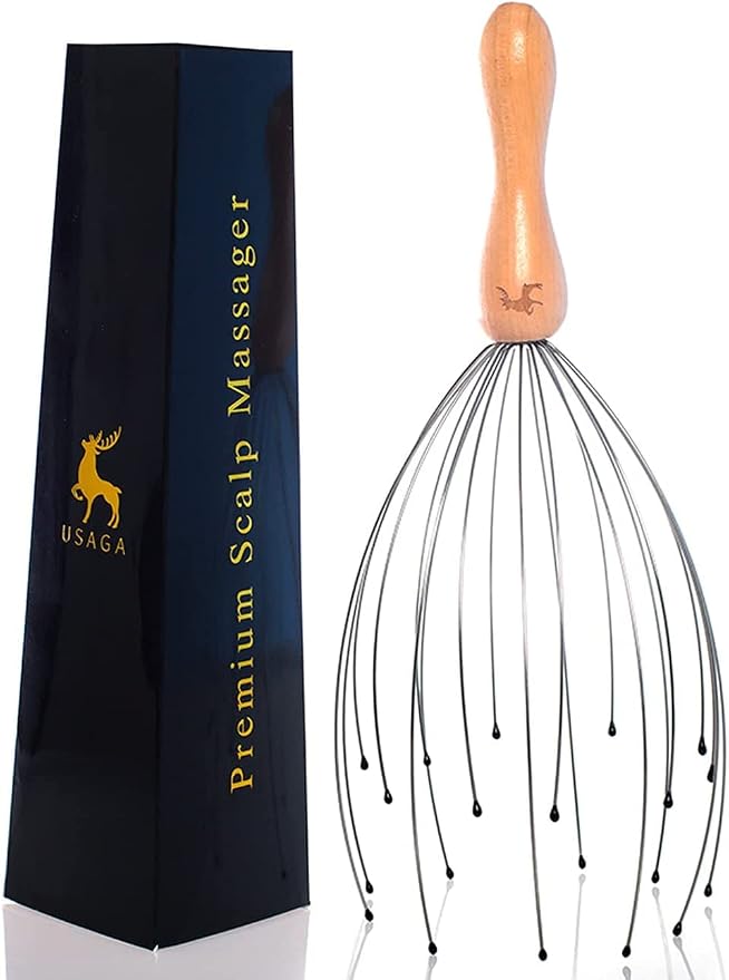 USAGA 20 Fingers Head Massager Head Scratcher Scalp Massager, Stocking Stuffers Gift for Body Relaxing Wood Handle