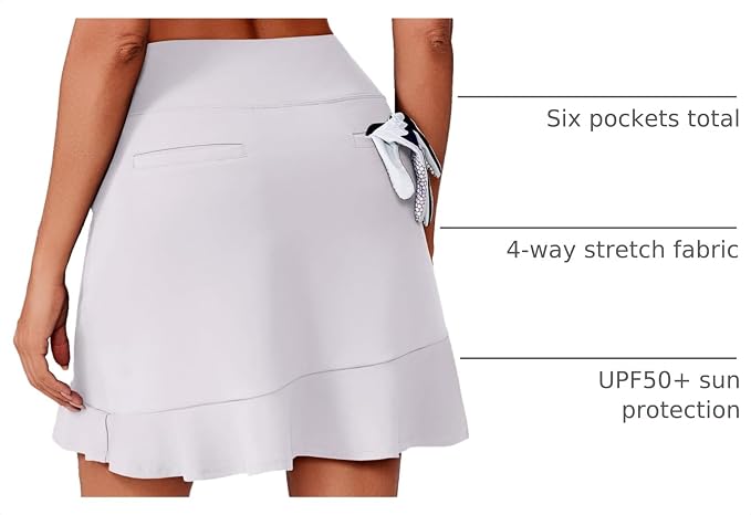 PINSPARK 18" Golf Skorts for Women with 6 Pockets Ruffle Athletic Skort | Above the Knee,High Waist,UPF 50+,4-way Stretch,Lightweight,Ruffle Hem,Tennis,Casual,Work,Pickleball