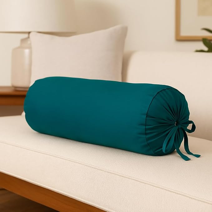 Cervical Neck Roll Pillow Cover with Cotton Bolster Pillowcases for Cylindrical Cushion and Drawstring Closure Round Neck Pillowcase 6" x 18" (15 x 45 cm) Teal Blue