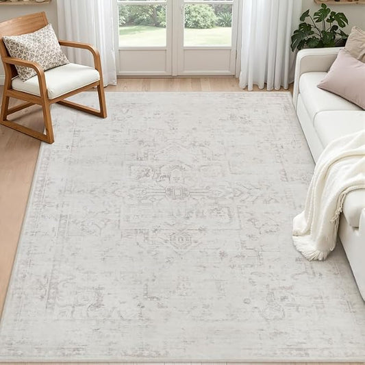 6x9 Area Rugs for Living Room: Vintage Boho Neutral Washable Rug Indoor Soft Large Area Rug Carpet for Bedroom Nursery Farmhouse Dining Room Office Floor Non-Slip Low Pile Under Table Neutral Cream