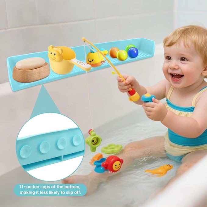 Bathtub Splash Guard for Tub,Longer Silicone Tub Water Splash Guard with 11 Suction Cups,Toy Holder Play Shelf for Bathtime, Prevents Water Spills in Bathroom,Blue