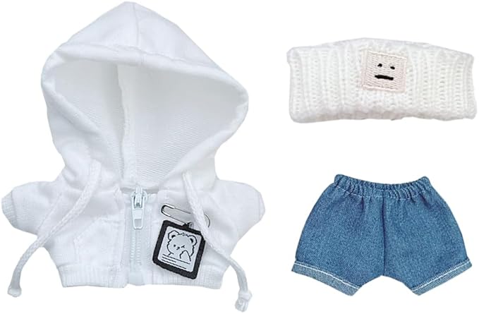 niannyyhouse 10cm-15cm Plush Doll Clothes Headband Coat Jeans Compatible with 17cm Labubu Doll (White+Blue)
