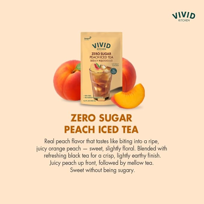 VIVID KITCHEN Peach Iced Tea Pouch Drinks – Zero Sugar, Zero Calories | Korean Convenience Store Drink | No Artificial Preservatives or Corn Syrup | 6.4 fl oz (10 Pouches) (10 Pouch, Peach Iced Tea)