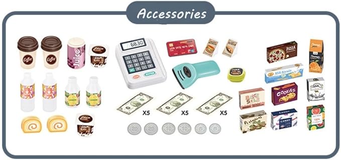 Serena&Jewel 47-Piece Pretend Play Cash Register Toy with Calculator, Shopping Bag, Scanners, Credit Cards, Grocery Game Food Set, and Mobile Cart - Preschool Gifts for Toddlers, Boys, and Girls