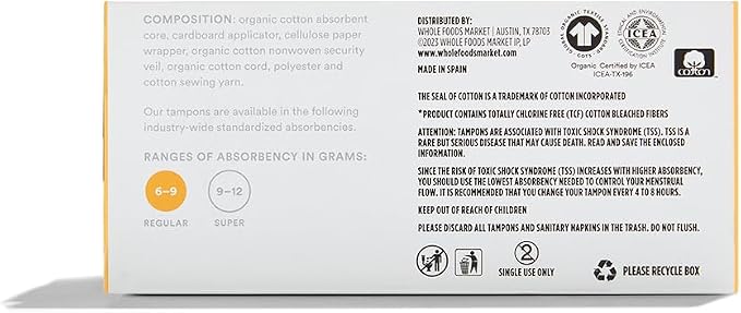365 by Whole Foods Market, Tampons with Cardboard Applicators, Regular Absorbency, Made with Organic Cotton, Unscented, 16 Count