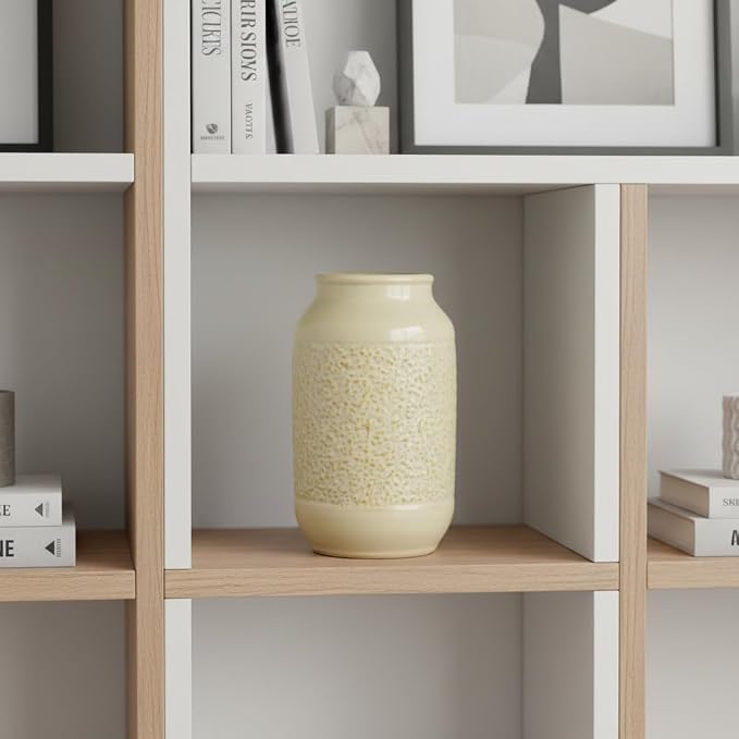 Beige Ceramic Vase for Flowers - 9 Inch Textured Cream Vase for Pampas Grass, Modern Farmhouse Vases for Home Decor, Table Centerpiece, Shelf, and Mantle Decor