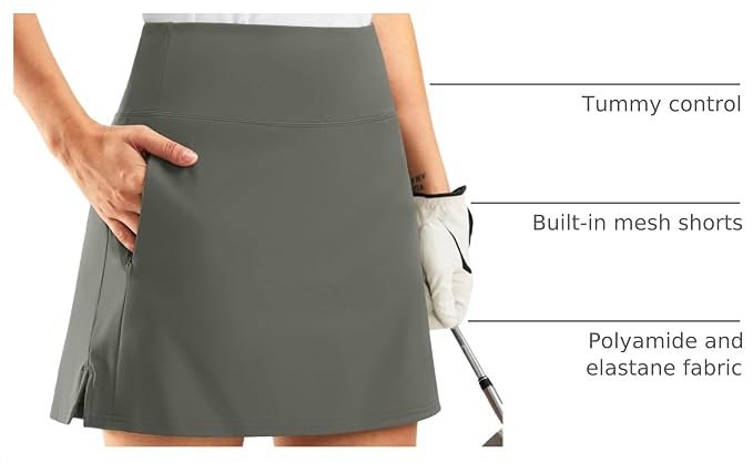 16" Golf Skirt with 2 Zipper Pockets | Tee Holder, Mesh Shorts, High Waisted, Casual, Pickleball, Athletic, Tennis, Skorts for Women