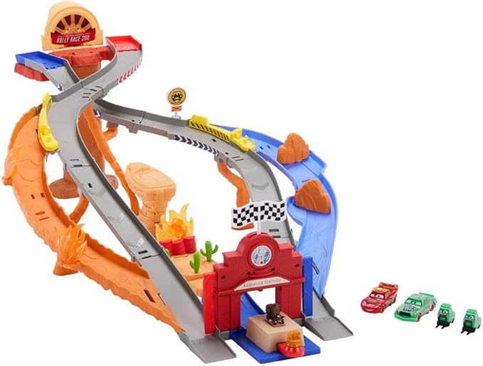 Mattel Disney and Pixar Cars Toy Playset, Lightning McQueen & Chicks Hicks & 2 Pitty Crew Vehicles, 2 Ways to Race, Race & Rescue Rescue Road Raceway
