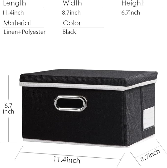 Storage Boxes with Lids [3-Pack] Fabric Collapsible Storage Bins Organizer Containers Baskets Cube with Cover for Home Bedroom Closet Office Nursery Black（11.4X8.6X6.7