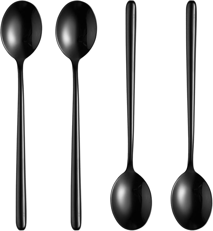 Steel Black Soup Spoon, Long handled Great Circle Spoons,Korean Long Handle Soup Spoon,4 Pieces,8.7x1.6 Inches