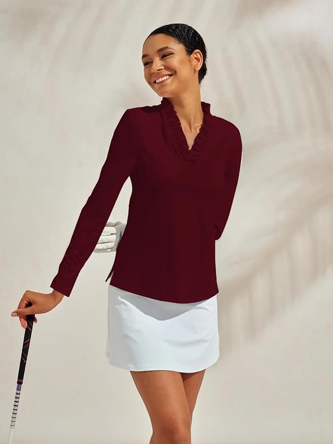 ACEGOLFS Womens Golf Polo Shirts Casual Ruffle V Neck Long Sleeve Tops for Women UPF 50+ Rash Guard Ladies Pullover Shirt