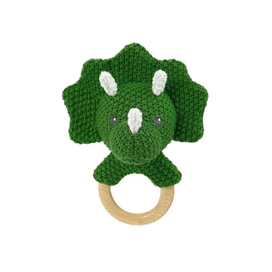 Baby Toys Stuffed Animals Handbell,Triceratops Rattle Toy Wooden Rattle Toys for Baby,Knit Stuffed Animal Cute Rattle with Teether Ring Newborn Birthday Gifts（Triceratops）