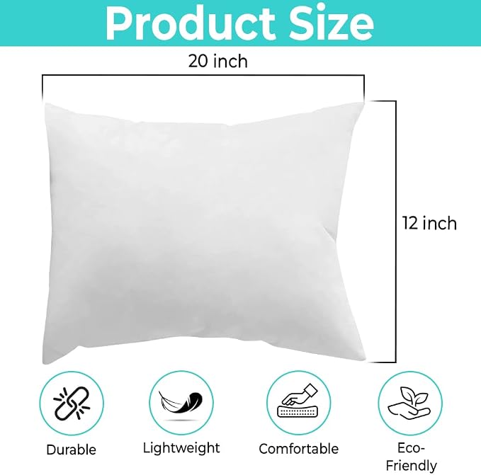 QUBA LINEN 12 x 20 Throw Pillow Insert - Pack of 2 White, Down Alternative Pillow Inserts for Decorative Pillow Covers, Throw Pillows for Bed, Couch Pillows for Living Room (12x20 Inch (Pack of 2))