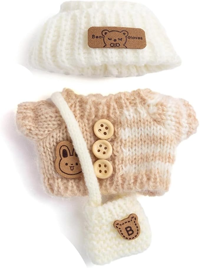 Knit Style 17cm Doll Clothes Accessories Set Include: Hat, Bag, Sweater- Cute Clothes for Dress up Your Dolls (Doll Not Included),Apricot