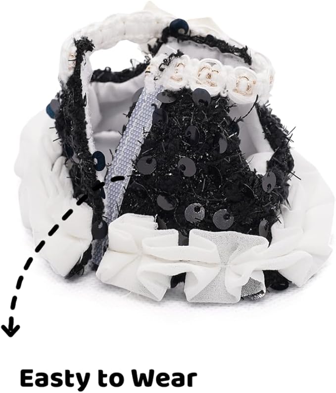 Clothes for 17cm Dolls, Luxury Chic Sequin Bow Decorations Style 4 Piece Set Including Princess Dress, Hat, Shoes and Bag High-End Outfit - Premium Handmade Accessories for Play & Display - Black