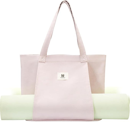 Moyaqi Canvas Tote Bag with Yoga Mat Carrier Pocket Carryall Shoulder Bag for Office, Workout, Pilates, Travel, Beach and Gym