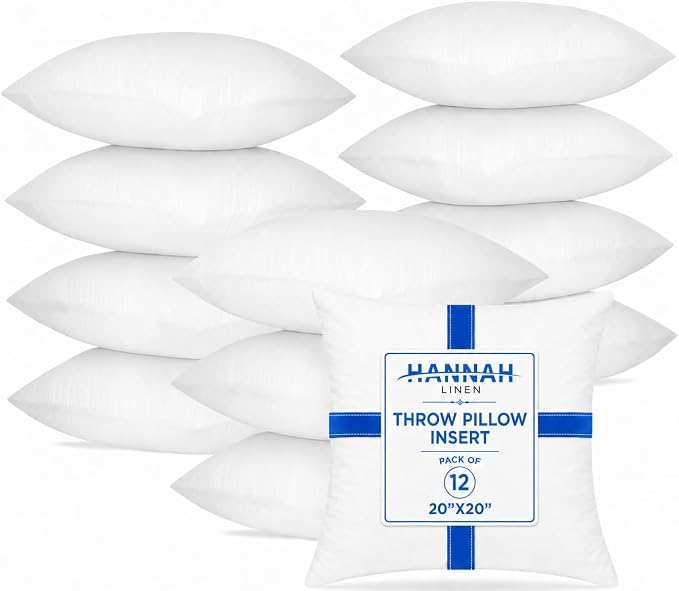 Hannah Linen Throw Pillow Inserts 20x20 – 12 Pack Square Decorative Cushion Stuffers for Couch, Sofa & Bed – Soft Fluffy Polyester Filled Pillow Inserts for Indoor Home Décor