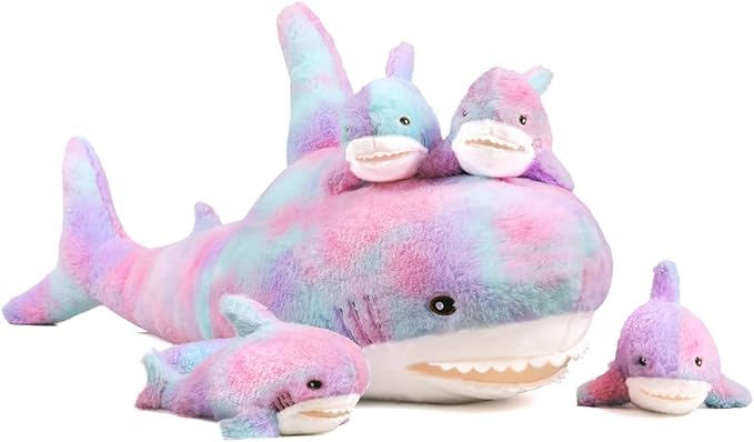 Giant Shark Stuffed Animals Plush, Large Shark Plush Pillow with 4 Little Sharks, 100cm/39.4inches Colorful Sharks Plush Toy Gifts for Kids(Purple)