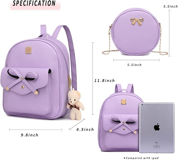 MACCINELO Cute Leather Mini Backpack Purse for Women Bowknot Small Backpack for Girls gift Rucksack Ladies Shoulder Bag 3pcs