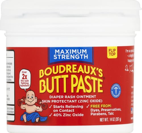 Boudreaux’s Butt Paste Max Strength Diaper Rash Cream for Baby, Ointment With Zinc Oxide, 14 oz Flip-Top Jar (Pack of 2)