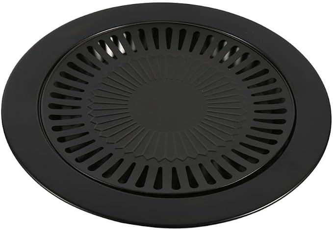 Korean BBQ Grill Pan - Round Iron Roasting Tray Nonstick Oil Drain Design 32 cm for Indoor Outdoor Barbecue Meat Vegetables