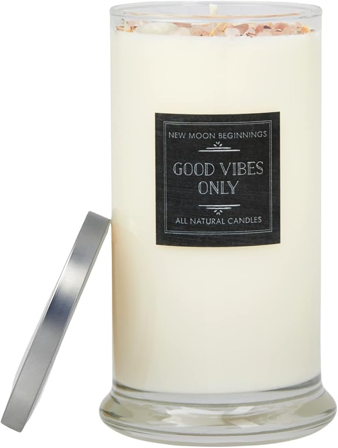 Good Vibes Only Candle by New Moon Beginnings - Negative Energy Cleansing - Soy Aromatherapy Candle - Handmade with Crystals & Herbs (21oz Round Glass)