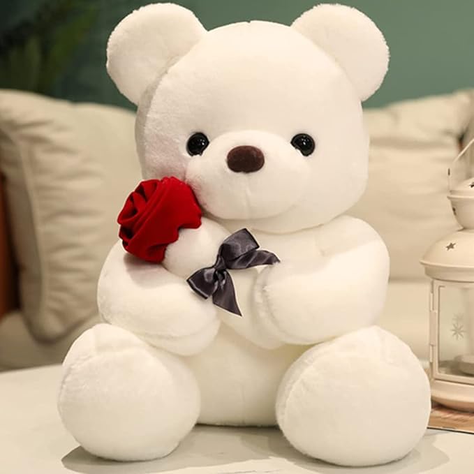 Teddy Bear Plush Stuffed Animal,Cute Teddy Bear with Rose,Sweet Rose Bear Gift for Your Loved One, Teddy Bear for Girlfriend Kids Birthday, Valentine, Christmas(13.7 inches, White)