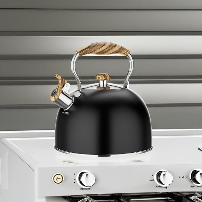 2.6 Quart Whistling Tea Kettle for Stovetop, Black | Food Grade Stainless Steel with Cool Wood Pattern Handle, Induction Compatible