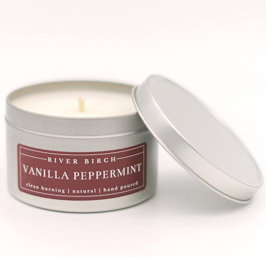 River Birch Candles Vanilla Peppermint Scented Candle | Premium, All-Natural, Non-Toxic, Soy Candles | 8 oz. Silver Tin Travel Candle | Cozy Relaxing Gifts for Home