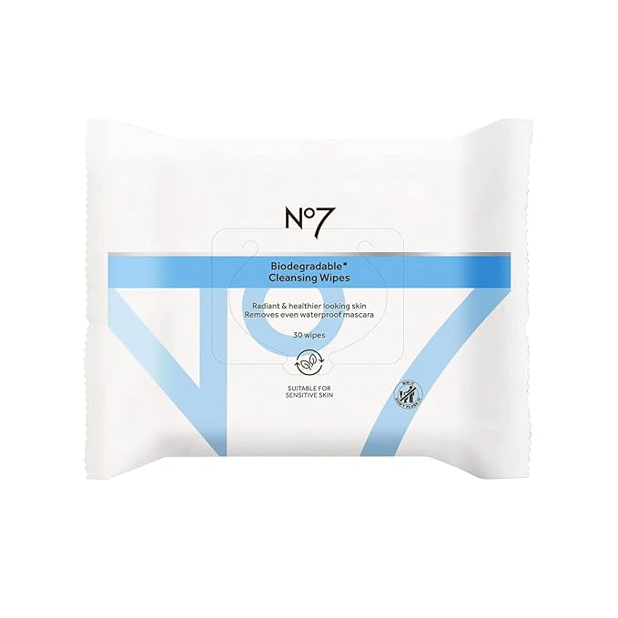 No7 Biodegradable Cleansing Wipes - Waterproof Mascara & Makeup Remover Wipes - Vitamin B5 + Witch Hazel & Fennel Extract Facial Cleansing Wipes for Revitalized Radiant Skin (Dual Pack, 60 Wipes)
