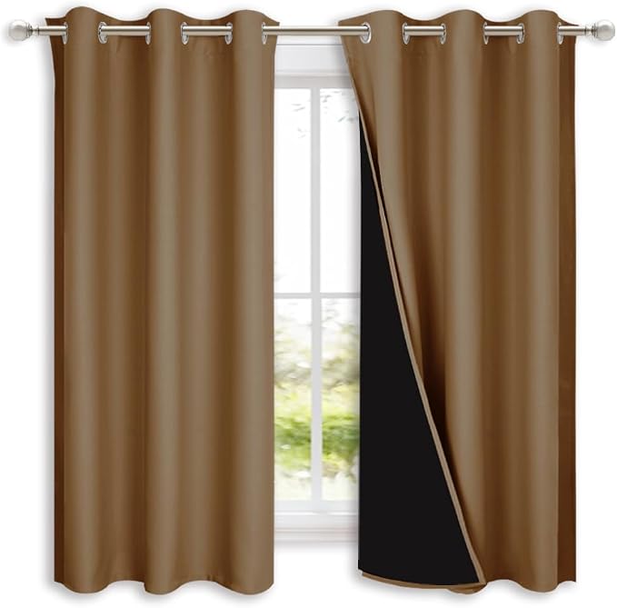 NICETOWN 100% Blackout Short Curtains with Black Liners, 2 Panels, 37" W by 40" L, Gold Brown, Solid Thermal Insulated Full Blackout 2-Layer Lined Drapes, Energy Efficiency Window Drapes for Bedroom