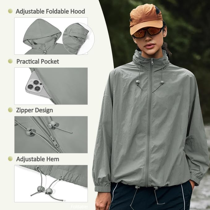 Yousify Womens Waterproof Rain Jackets Lightweight Zip Up Raincoat Outdoor Hiking Hooded Windbreaker with Pocket