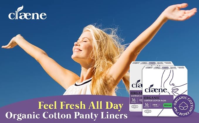 Claene Organic Cotton Cover, Cruelty-Free, Menstrual Overnight Sanitary Pads for Women, Unscented, Breathable, Vegan, Organic Pads, Natural Sanitary Napkins with Wings (Regular, 32 Count)
