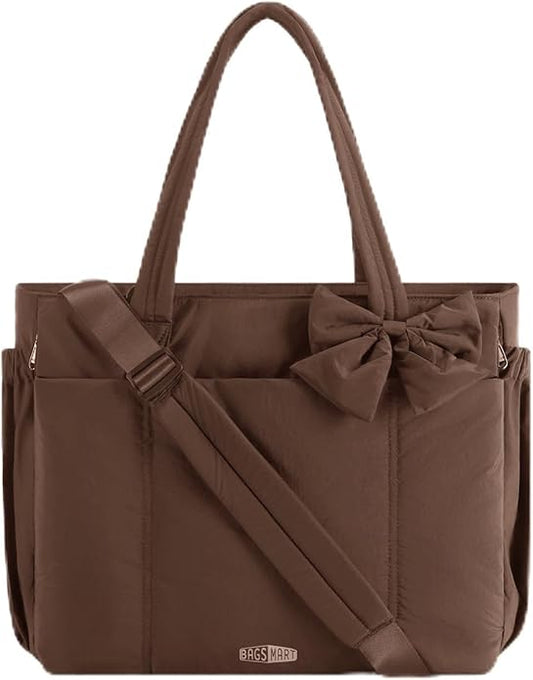 BAGSMART Crush Bow Tote Bag for Women, Puffer Travel Work Yoga Laptop Bag | Large Bow Tote Fits 40oz Tumbler, 15.6" Laptop, Yoga Mat Sleeve, Waterproof Pocket, Travel Work Swim Gym Mom Shoulder Handbag